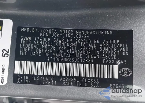 2025 Toyota Camry Se from USA, damaged, VIN 4T1DBADK8SU512884